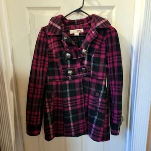 H2j Pink and Black Plaid Hooded Button-up Winter Coat